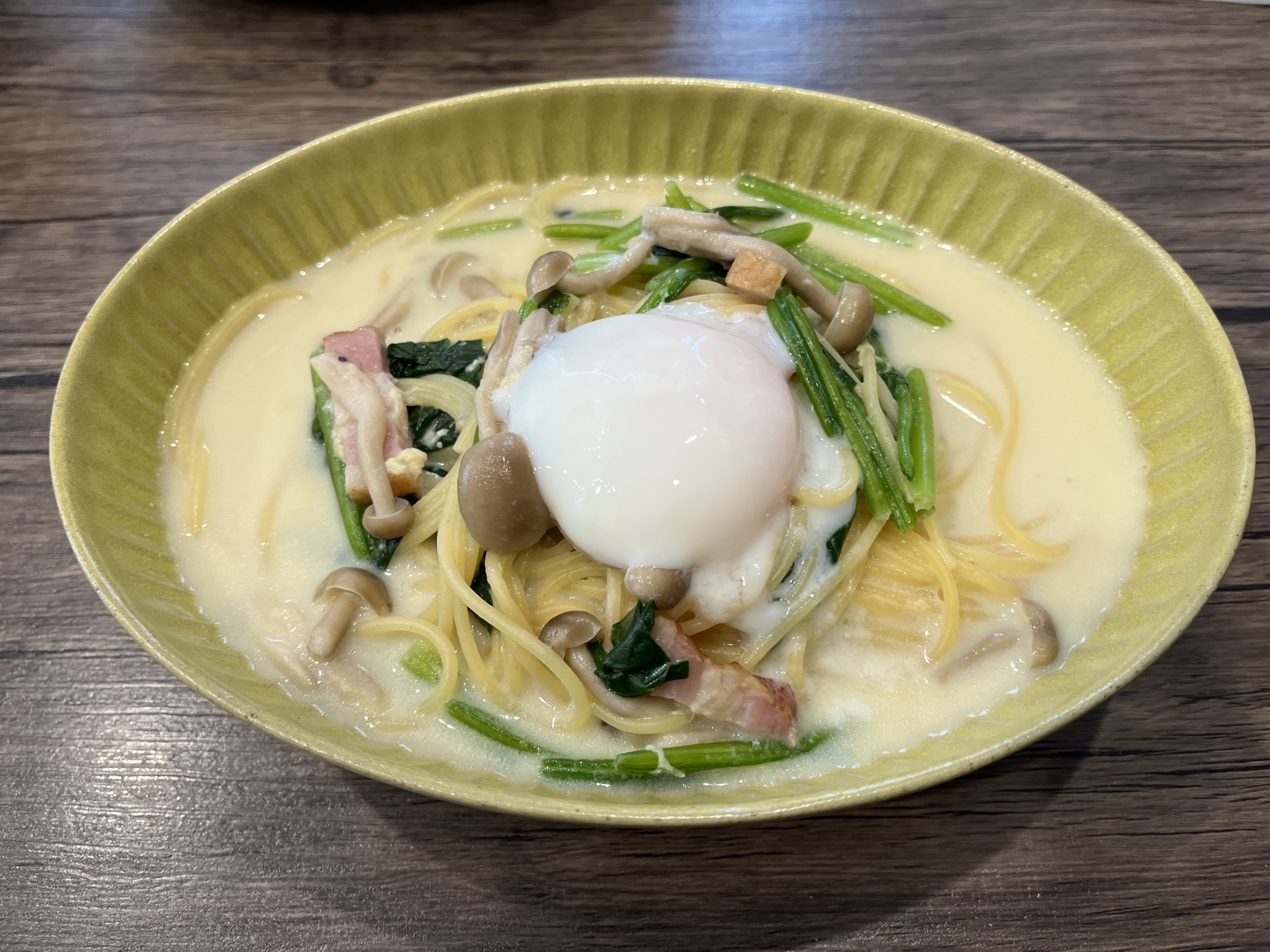 【時短】ほうれん草とベーコンの濃厚豆乳パスタ
