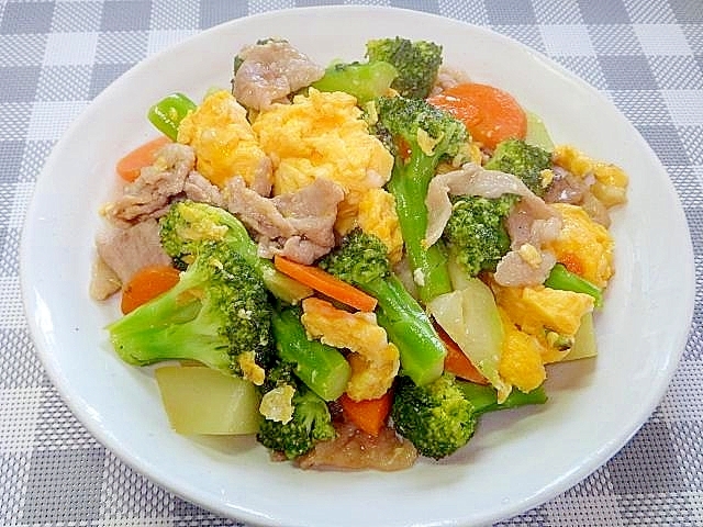 ブロッコリーと豚肉にんじんの卵炒め