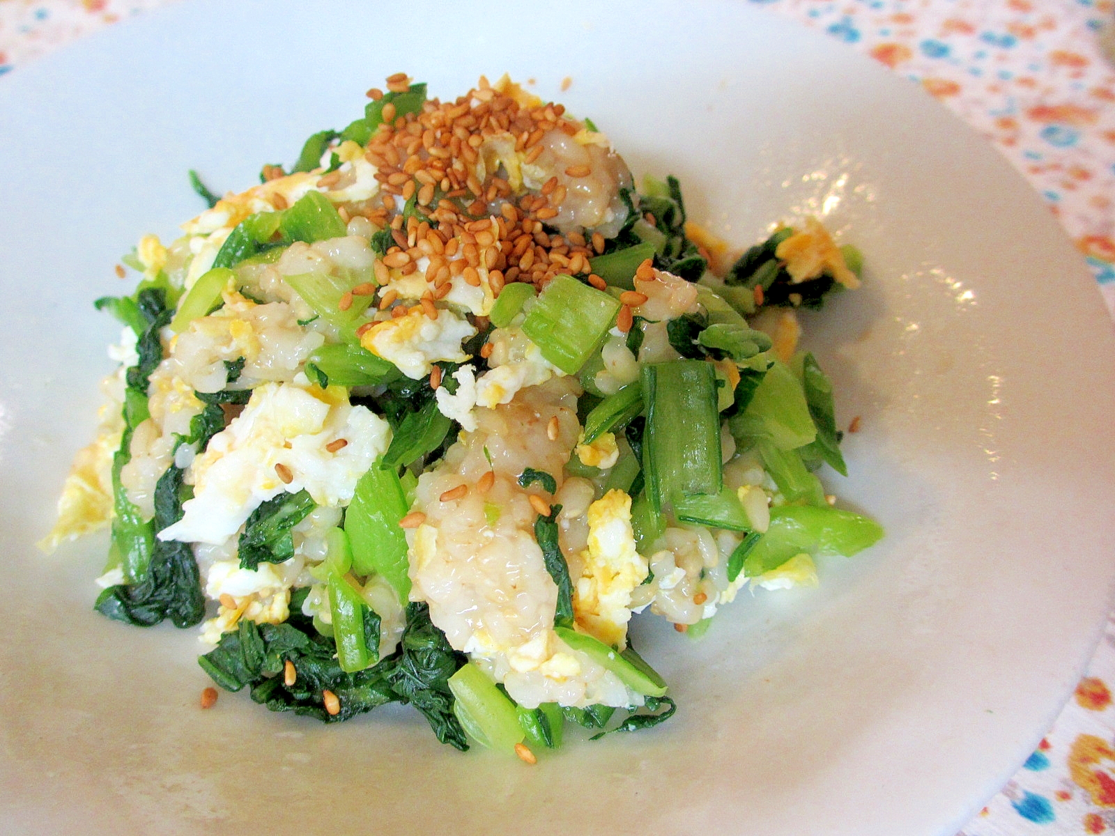 炒り卵と野沢菜の玄米混ぜご飯