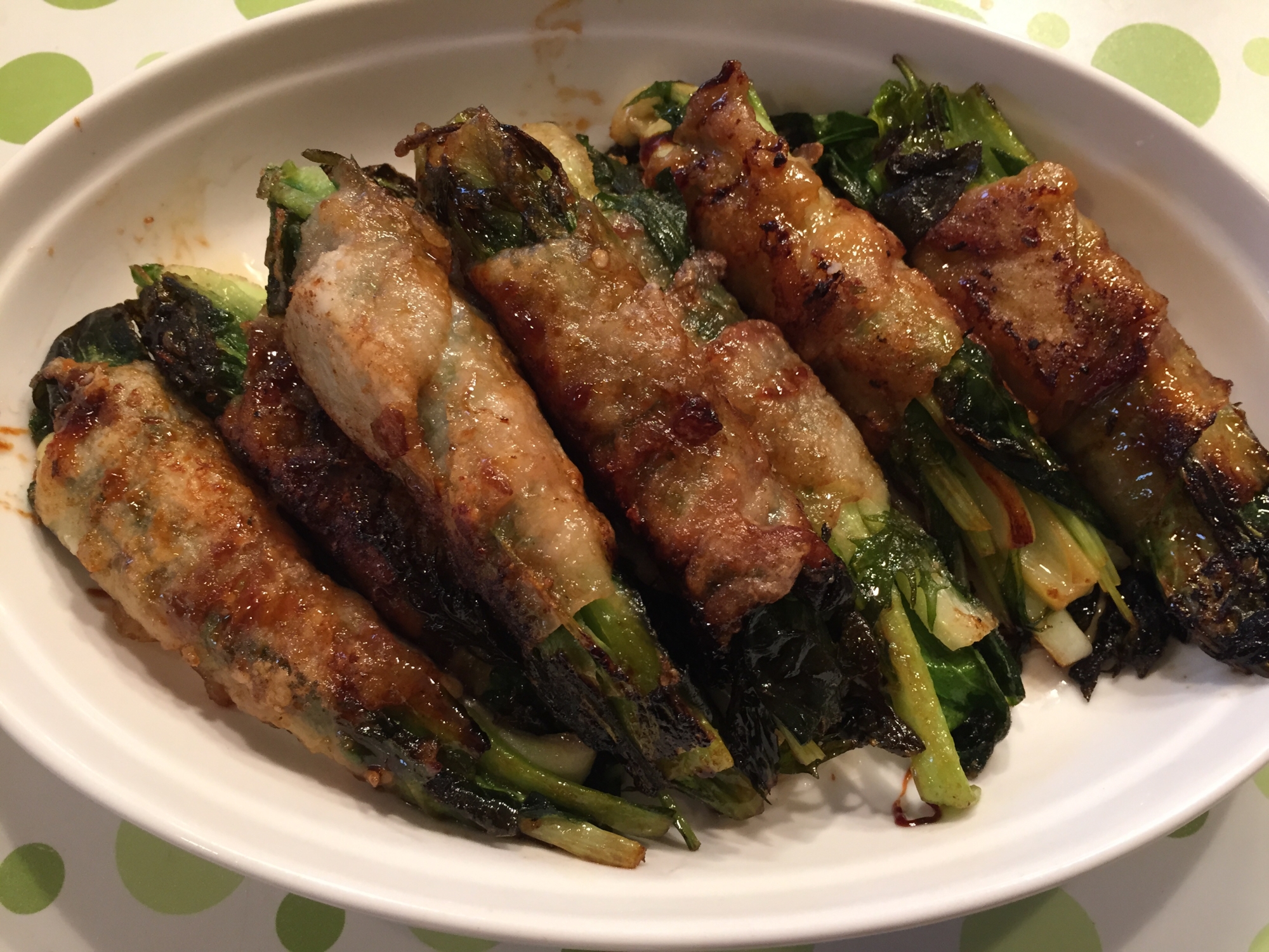 チンゲン菜と水菜の豚バラ肉巻き