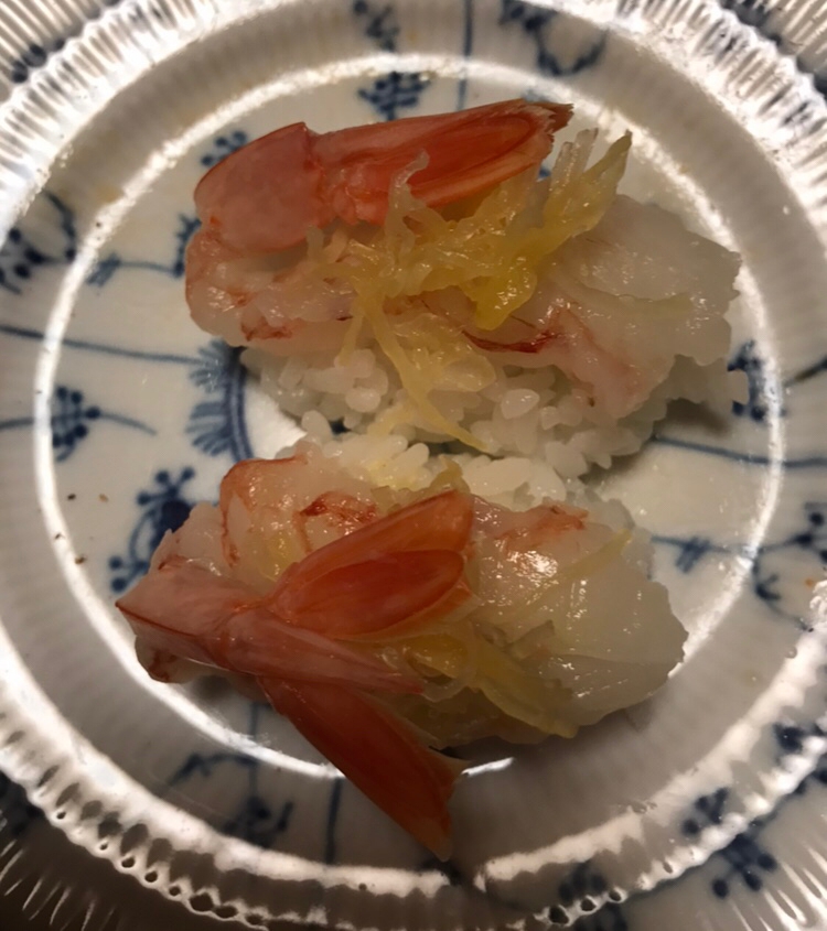 そうめんカボチャのゴマ油和えのせ生海老寿司