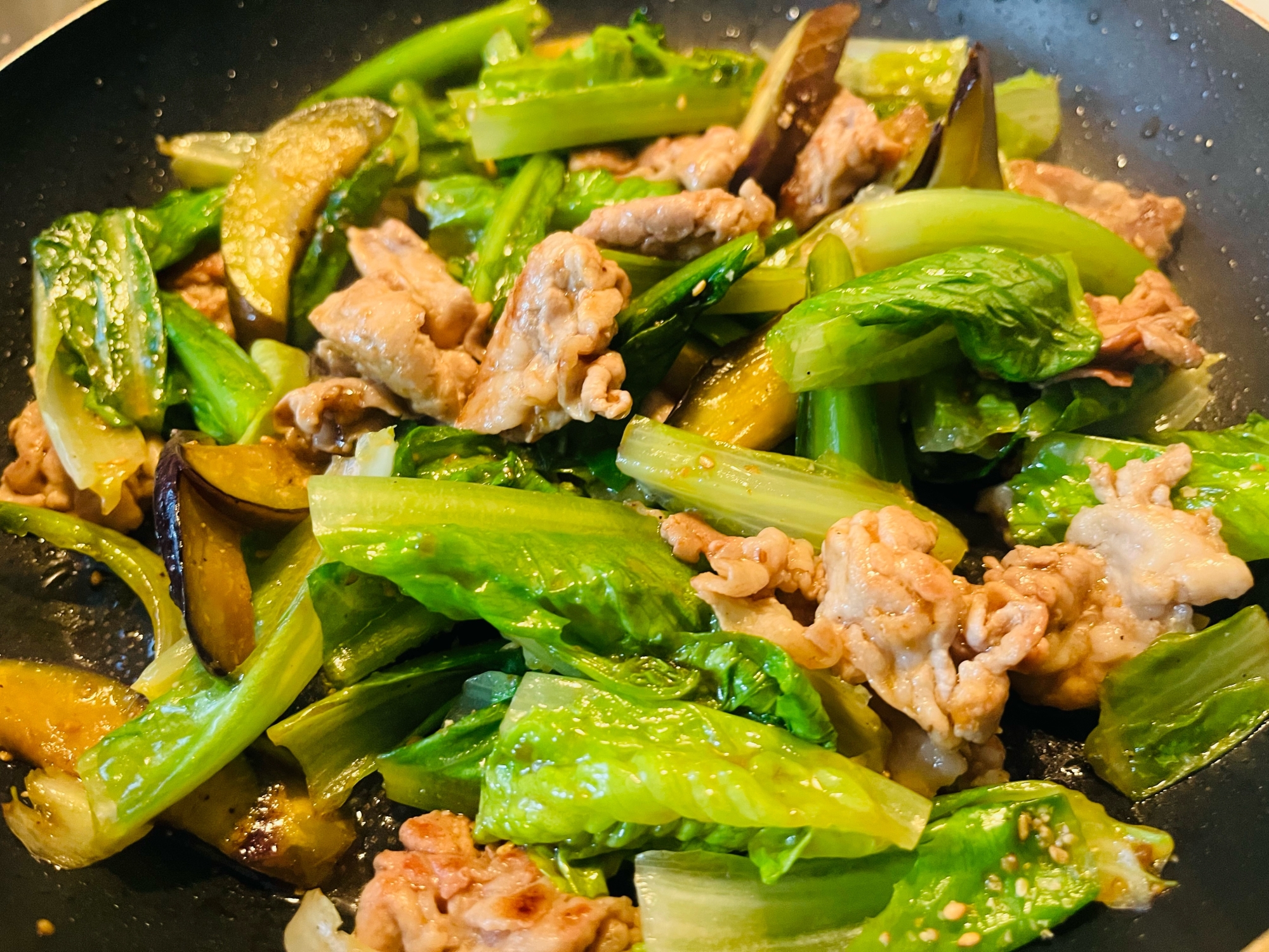 ナス入り·͜· ︎ᕷロメインレタスと豚肉の炒め物