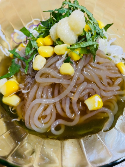 もろこしうどんって初めて聞きました。糖質制限の為春雨→白滝、生姜買い忘れチューブです(>_<)暑かったので冷やしてみましたが美味しかったです♪次こそなま生姜で！