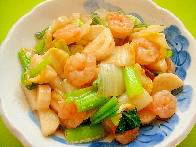 長芋と白菜小松菜えびの中華炒め