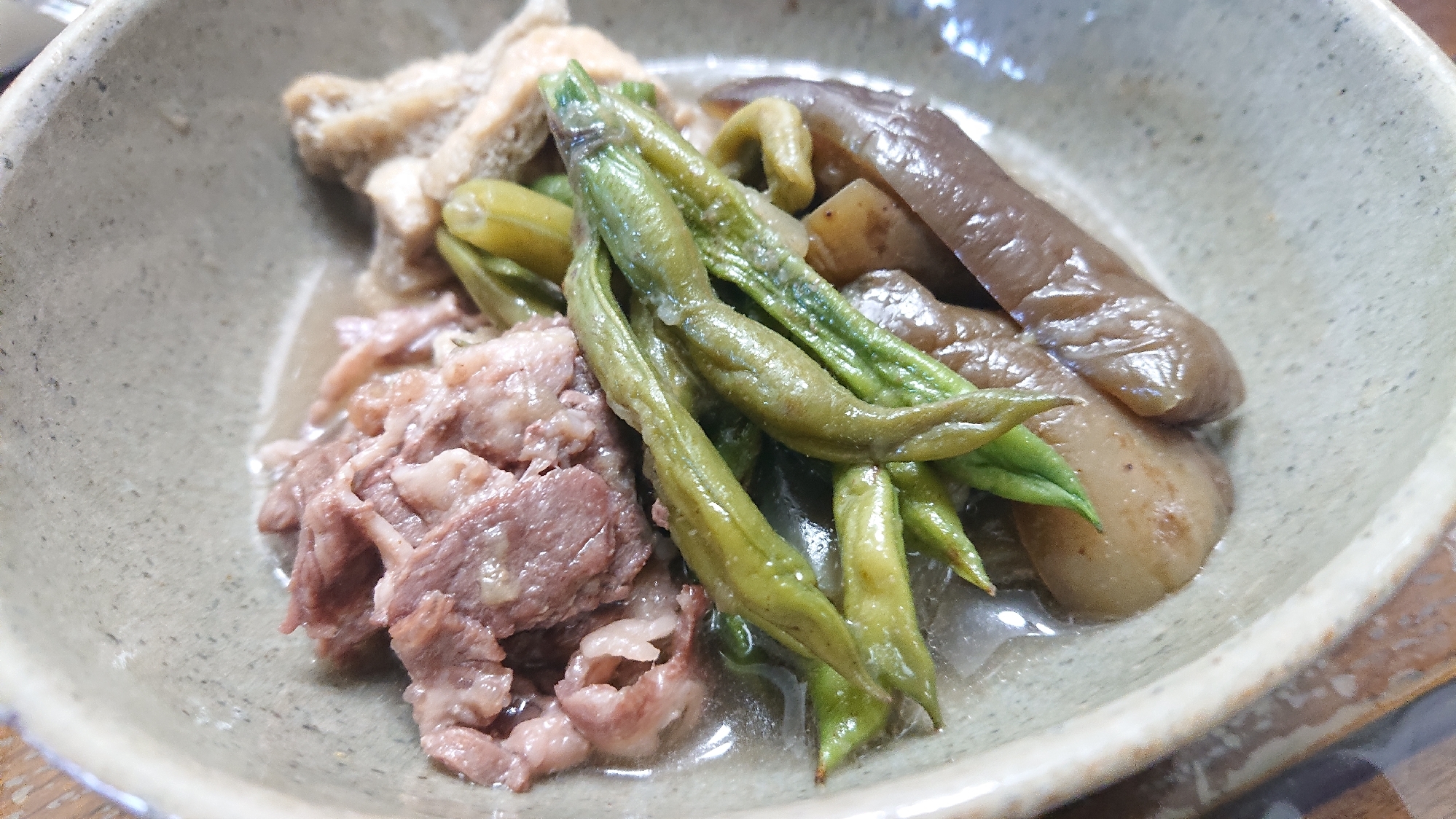 三度豆と茄子と牛肉の煮物