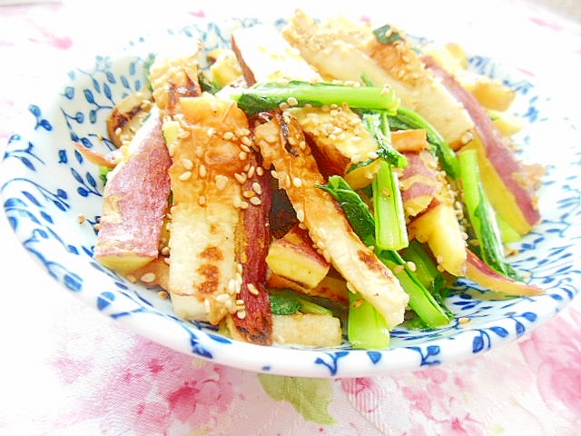 ❤薩摩芋と竹輪と小松菜のめんつゆ炒め❤