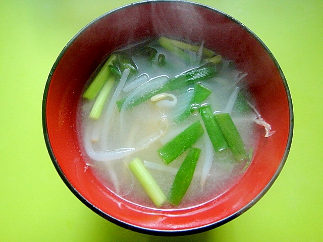 もやしと玉ねぎ万能ねぎの味噌汁