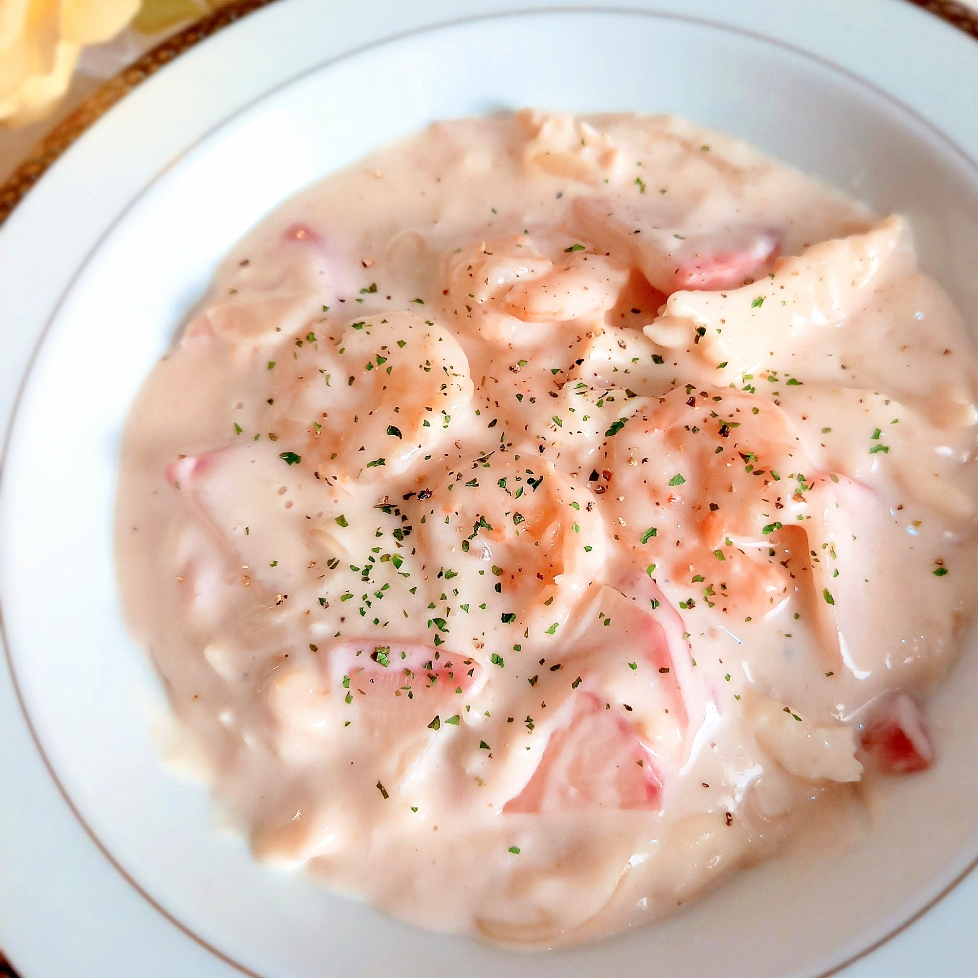 ほんのりピンクෆエビとかぶのクリーム煮ꕤ୭*