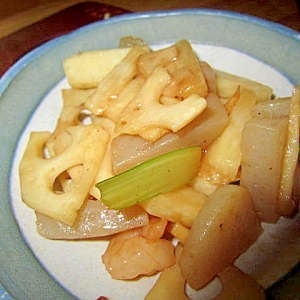 セロリ蓮蒟蒻海老甘辛炒り