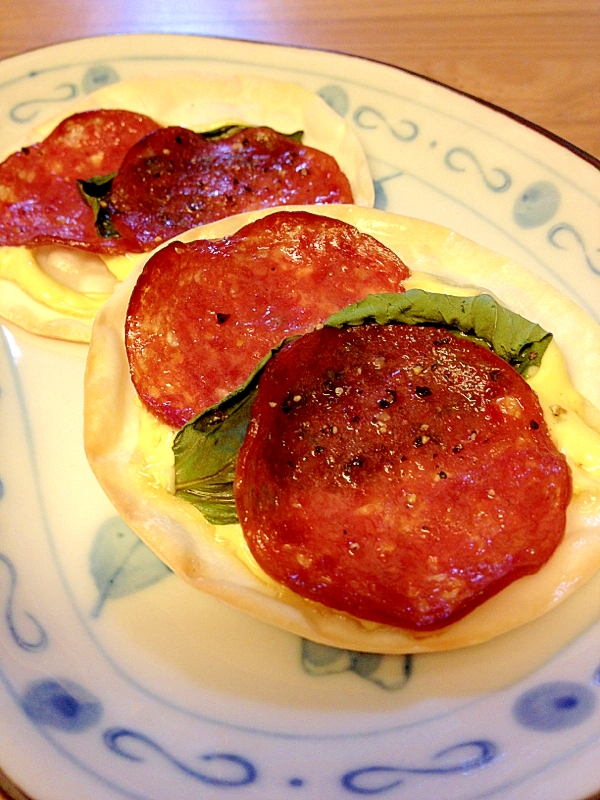 餃子の皮で★フレッシュバジルとサラミのマヨピザ