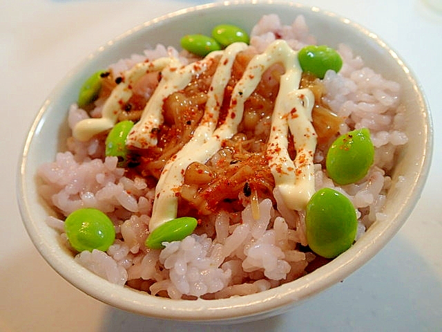 麺つゆ/マヨ/七味で　枝豆となめたけの雑穀ご飯
