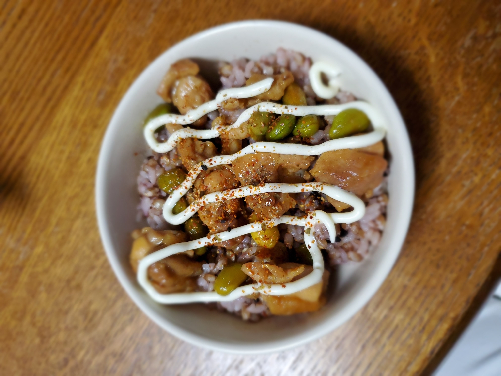 鶏の照り焼き枝豆丼