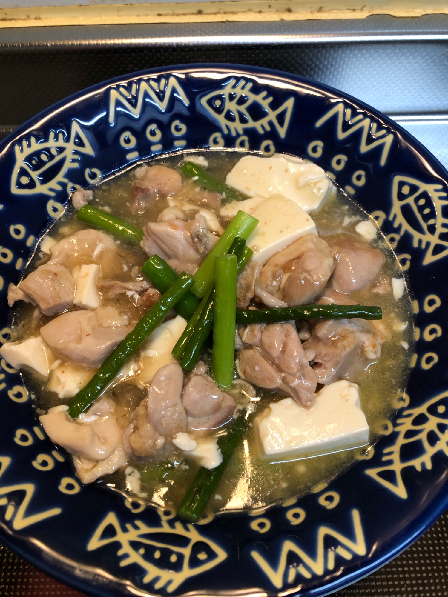 鶏肉とニンニクの芽と豆腐の塩炒め^_^