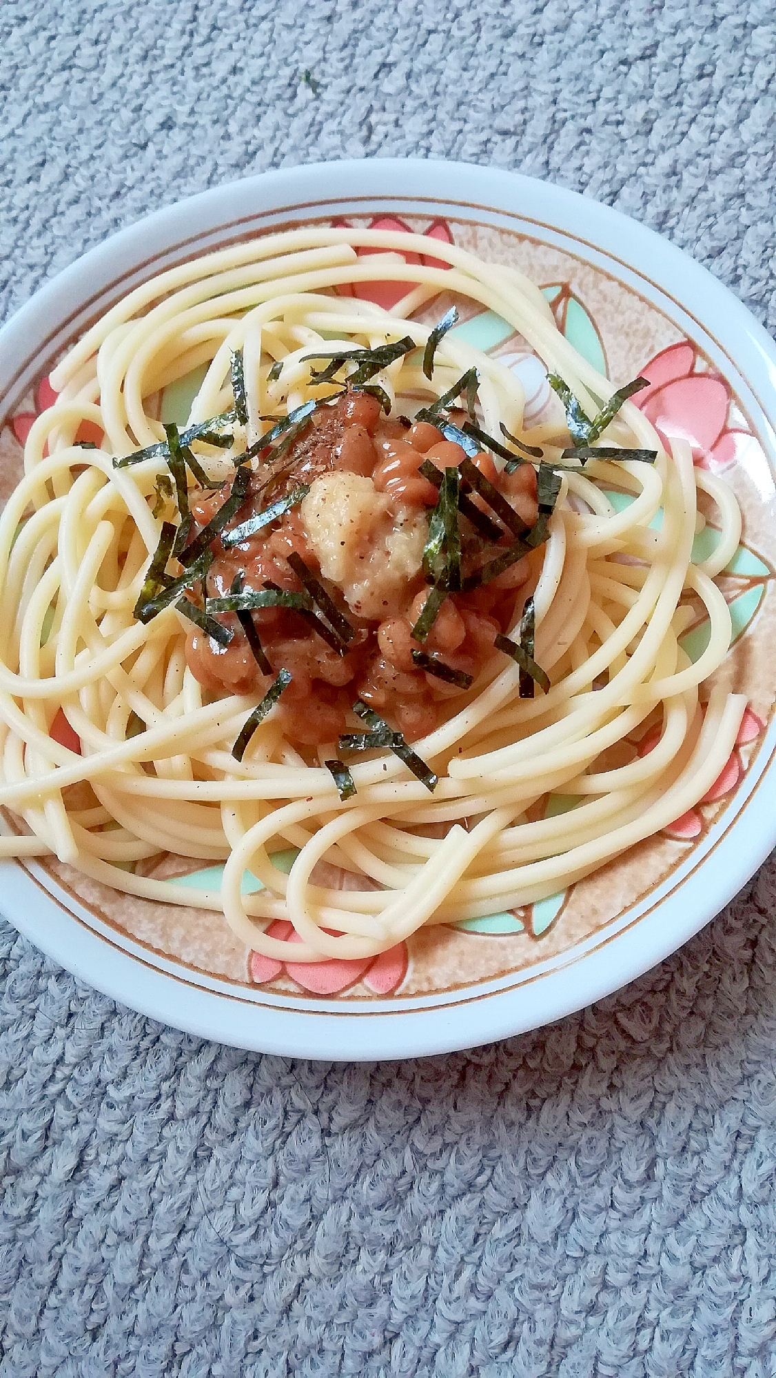 おろし生姜と刻み海苔と山椒の納豆パスタ