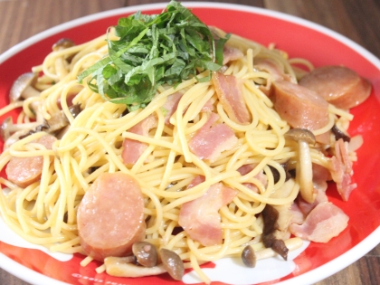 ベーコン＆あらびきフランクもいれちゃいました！ベーコン系のパスタ大好きな主人が完食でした♪ごちそうさまでした(*^o^*)♪