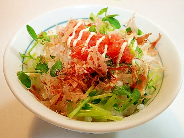 豆苗と明太子とおかかの丼