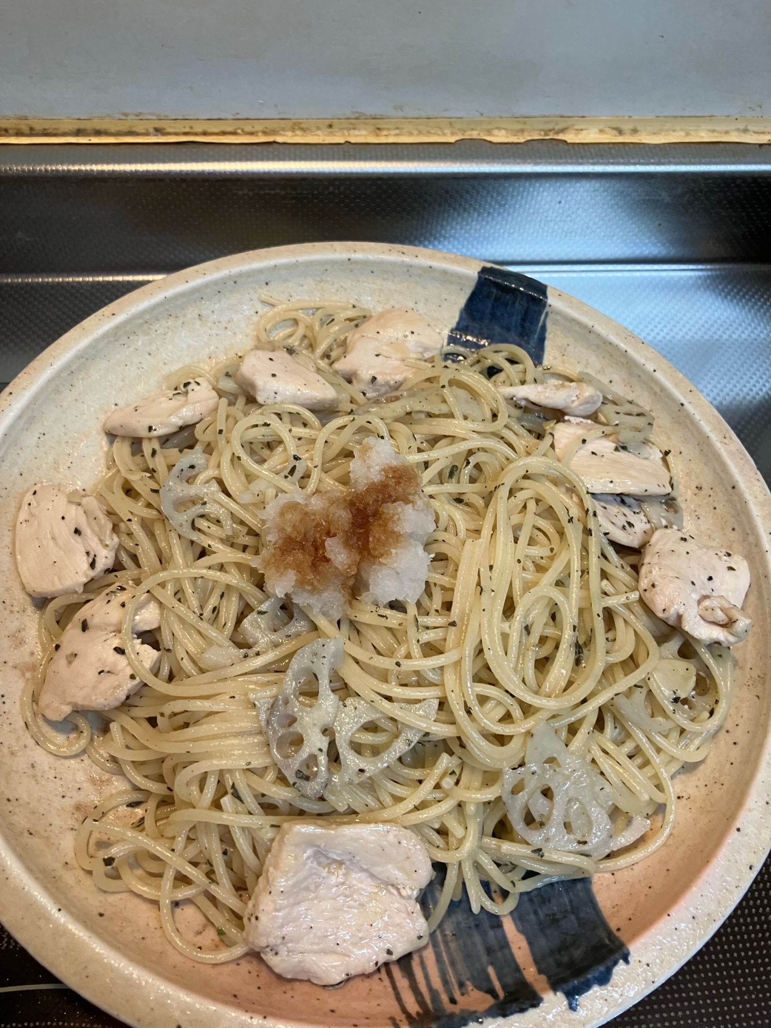 鶏肉と蓮根のおろしバジルパスタ^_^