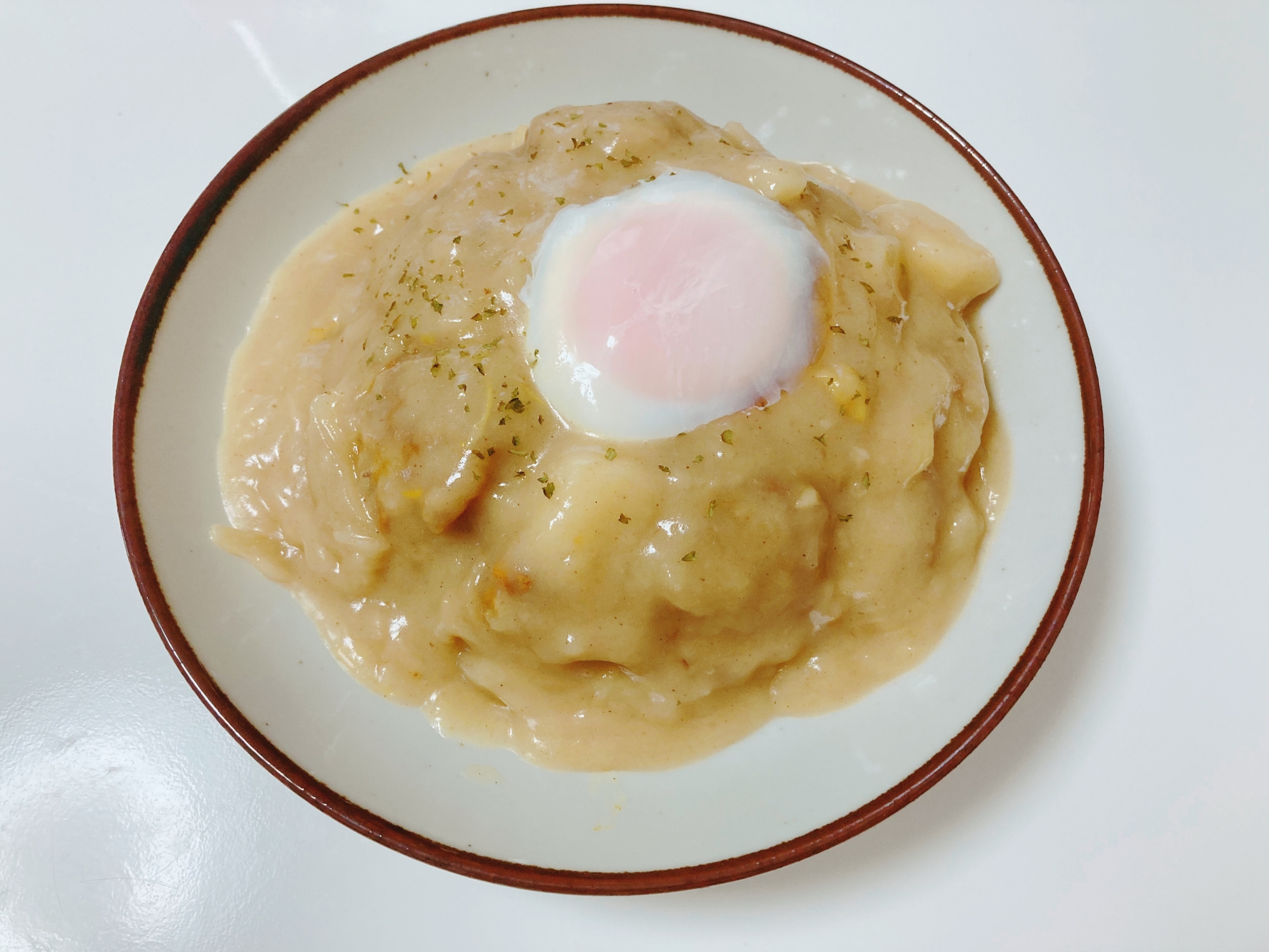 白いお皿に盛り付けられたドライカレーのシチューライス