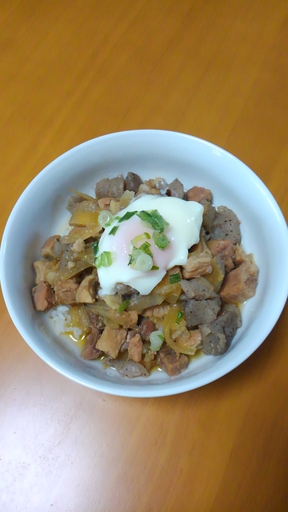 温卵を乗せて、刻みネギを少し♪トッピングして丼にしてみましたぁ～♪美味しいぃ～♪ヽ(*´▽)ノ♪　大好評でしたぁ～♪ご馳走様でしたぁ～♪