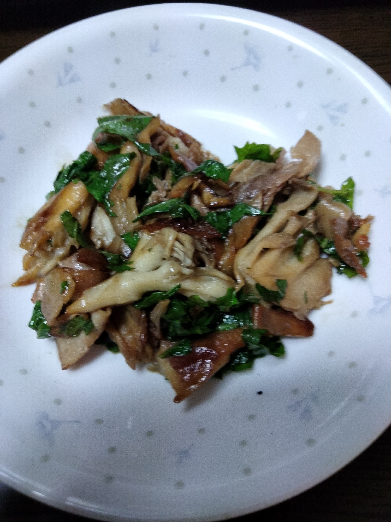 豚こま舞茸大葉のバタポン炒め