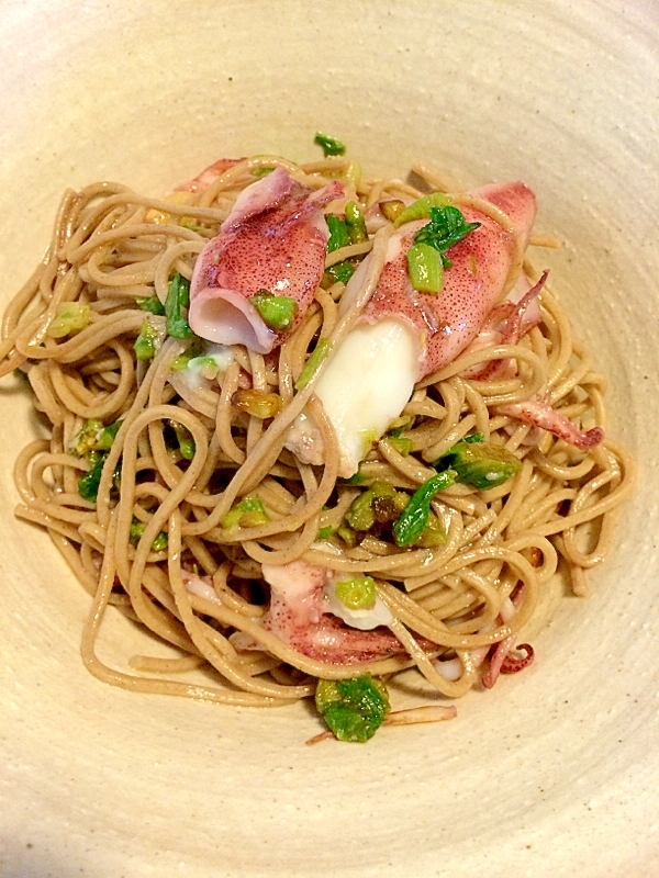 ふきのとうとイカの蕎麦ペペロン