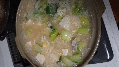 チンゲン菜と豚肉も足してみました。
米の水を1合分間違えてしまい、ぐちゃぐちゃになってしまったので、雑炊として利用しました。美味しく出来ました。