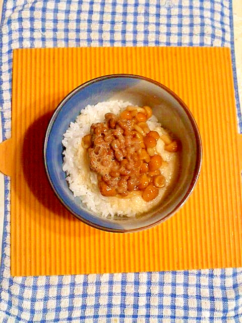 茶碗に盛り付けたなめこ納豆とろろ丼
