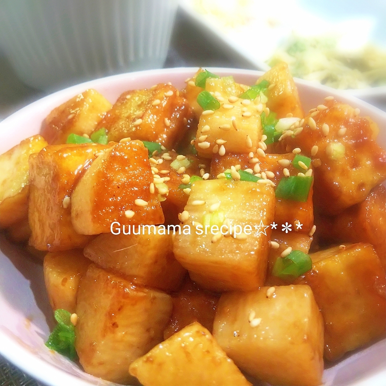 にんにく風味が◎コロコロ♡厚揚げと長芋の甘辛炒め