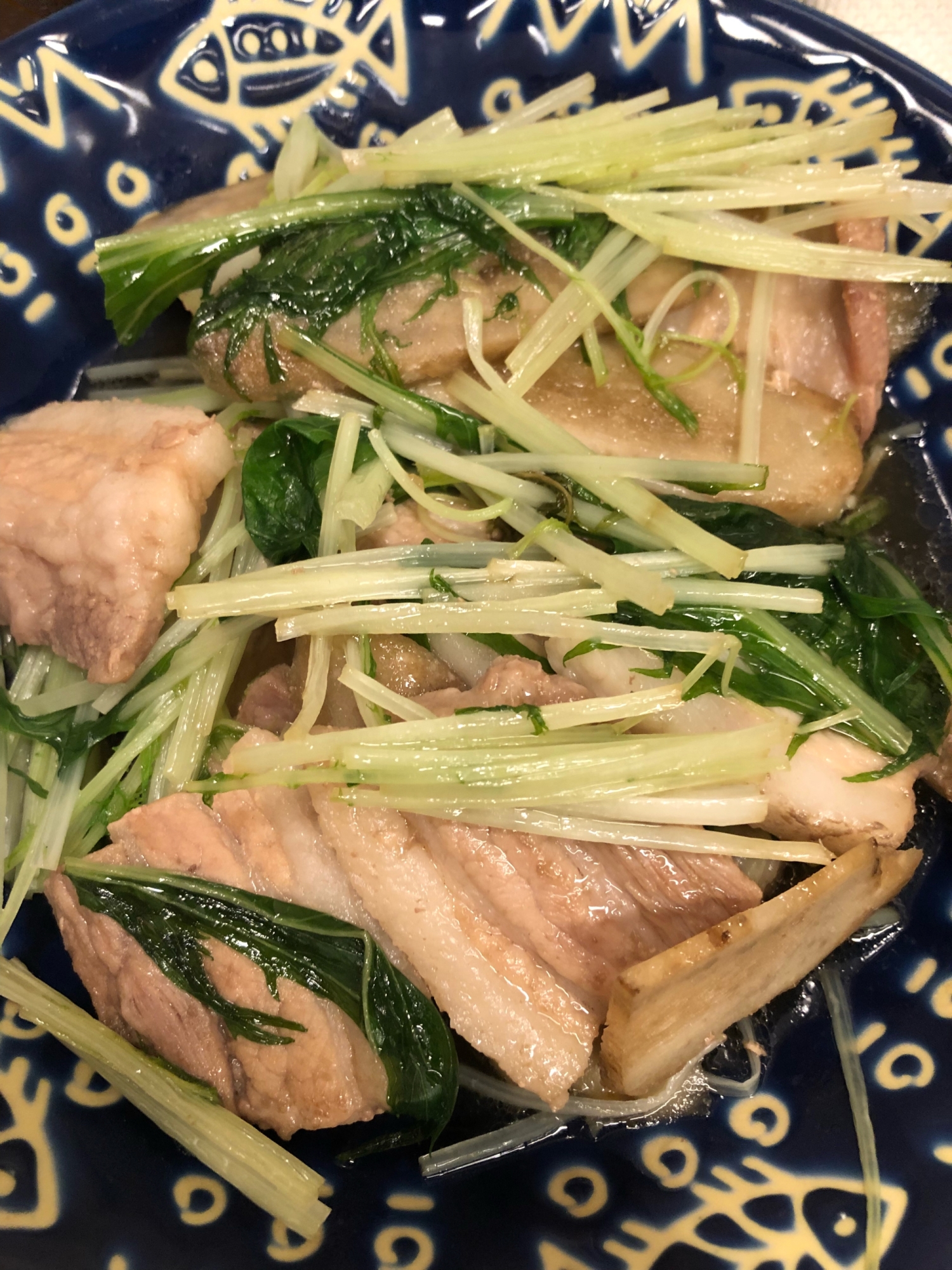 シャキシャキ♪水菜と豚肉とゴボウの甘辛煮^_^