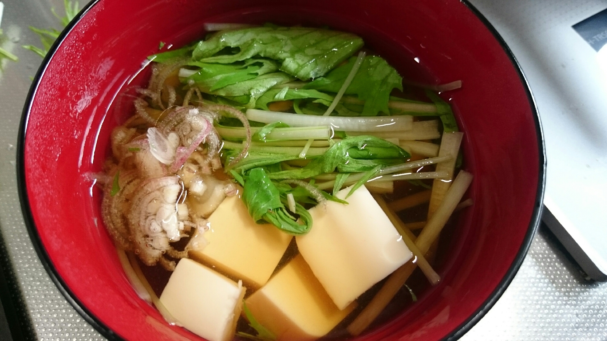 豆腐と水菜みょうがの吸物風〜