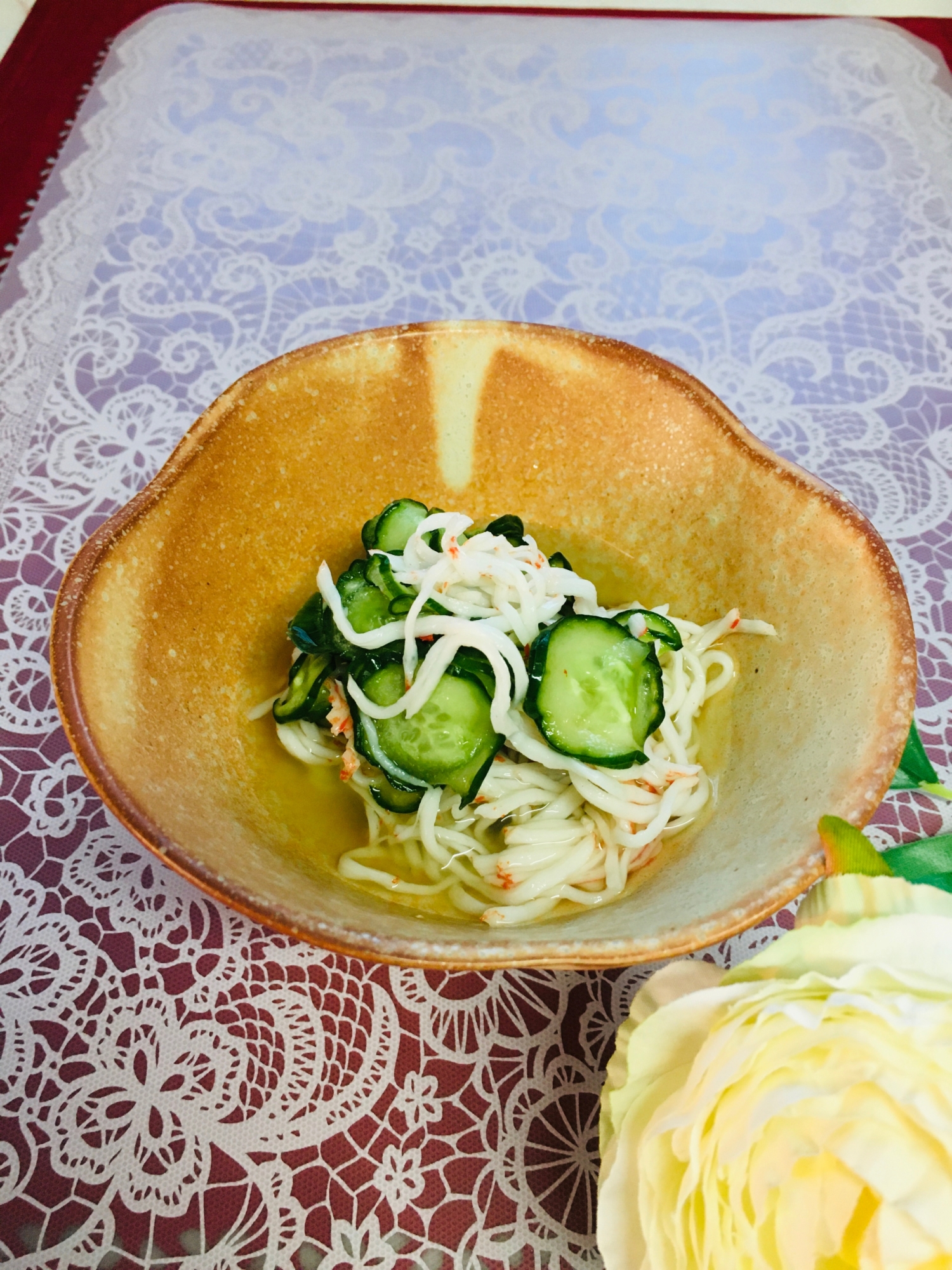 えごま油たっぷり☆きゅうりとカニカマの甘酢和え☆