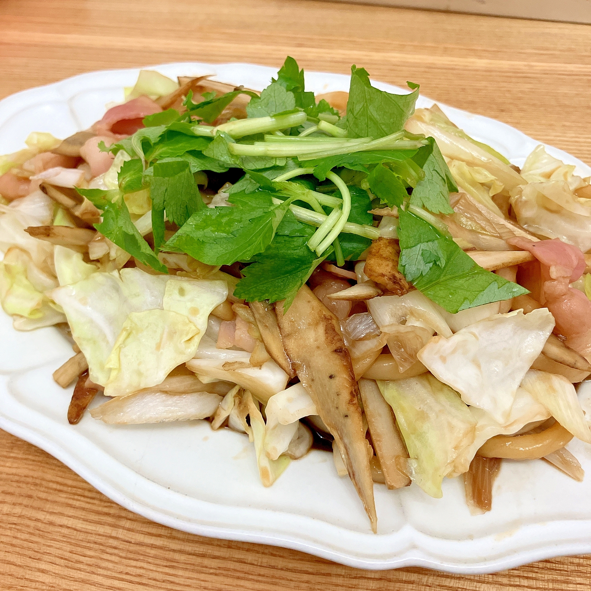 レンチン★ごぼうとベーコンの焼うどん