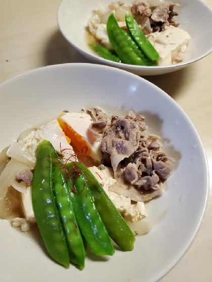 バタバタの夕飯支度、ササッと♪ほんとに美味しく出来ました！有り難うございます。牛肉なくて豚バラ、長ネギなくてえんどう、嵩まし卵、材料揃ってないレポで失礼します。