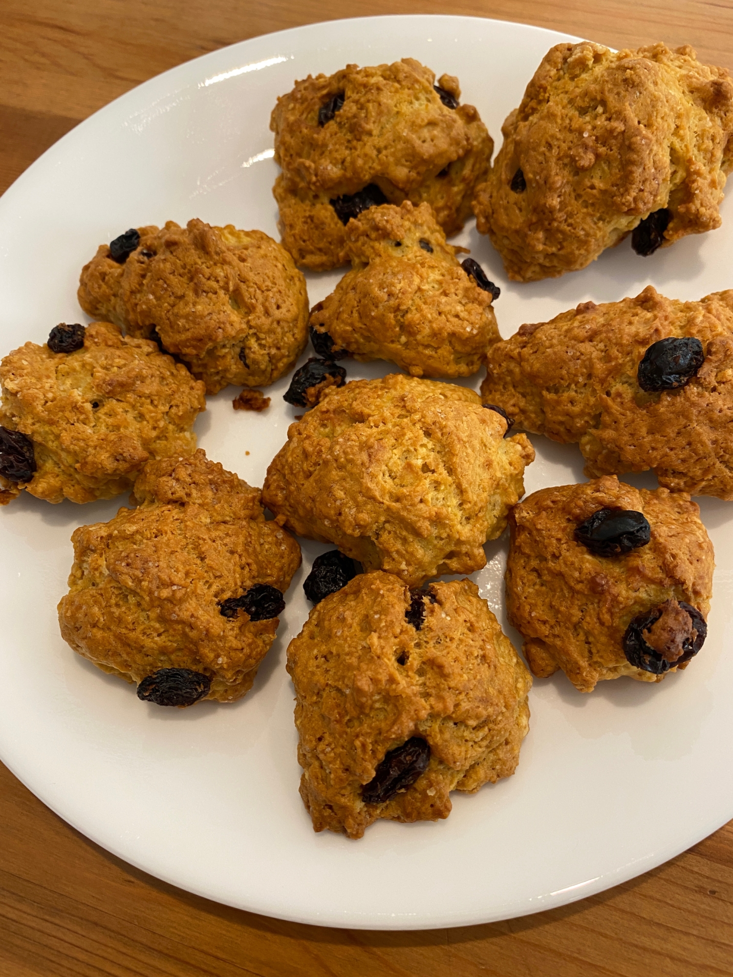 白色の丸皿に盛られたレーズンスコーン