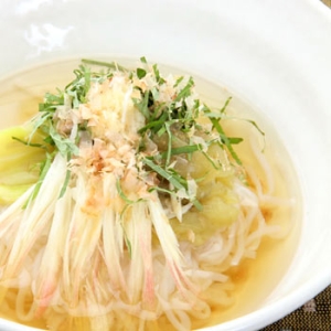 冷たいだしでいただくこんにゃく麺、焼きナスのせ♪