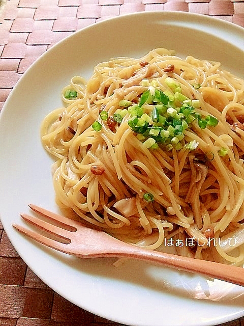 フライパン一つで!きのこと納豆のスパゲティー