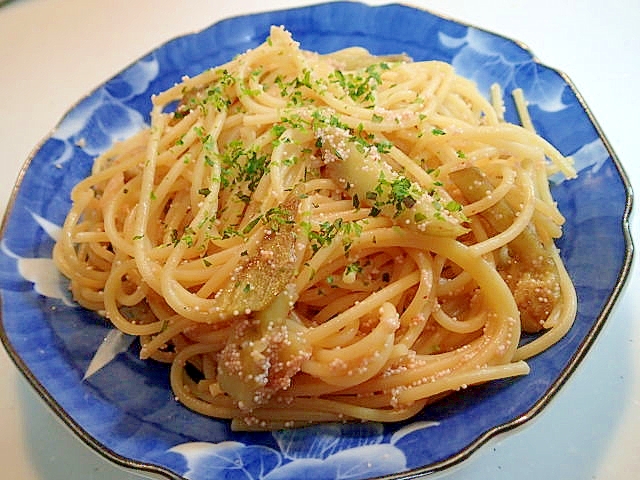 追いがつおつゆで　茄子と明太子のパスタ