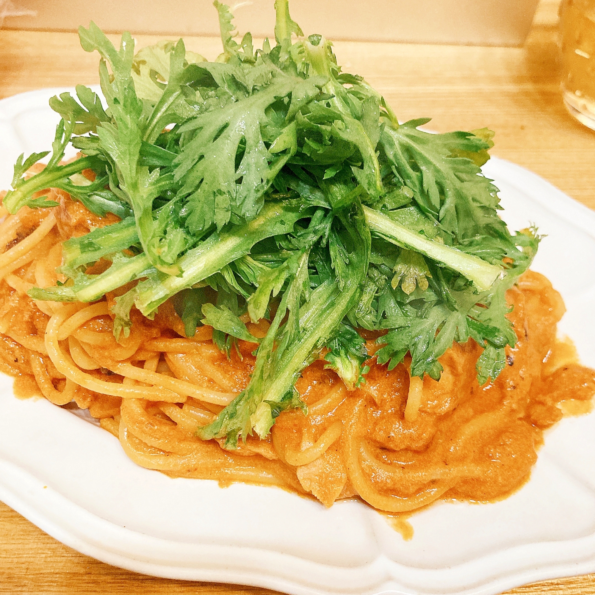 春菊とツナのトマトクリームパスタ