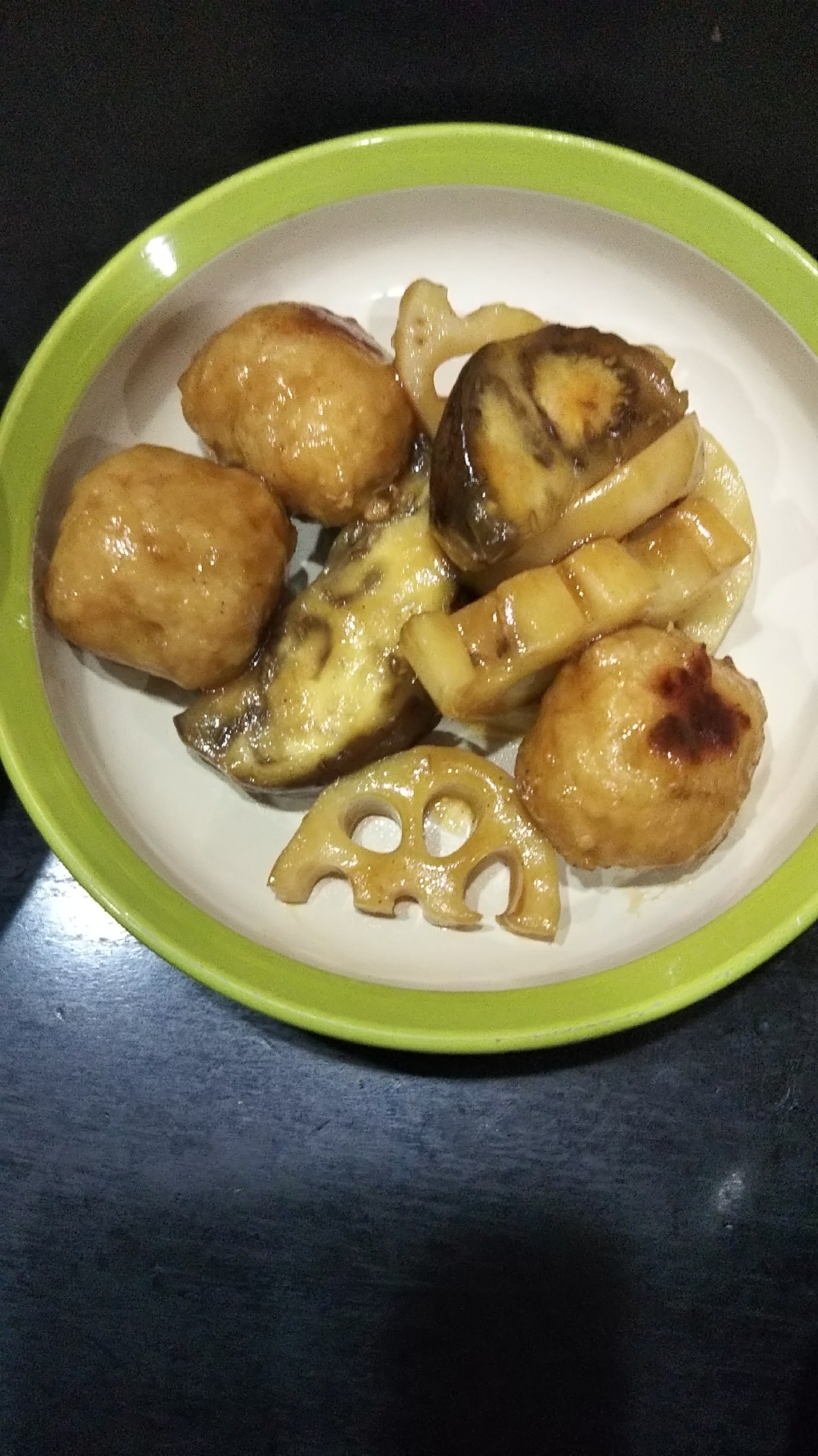 肉団子、レンコン、ナスの甘酢炒め