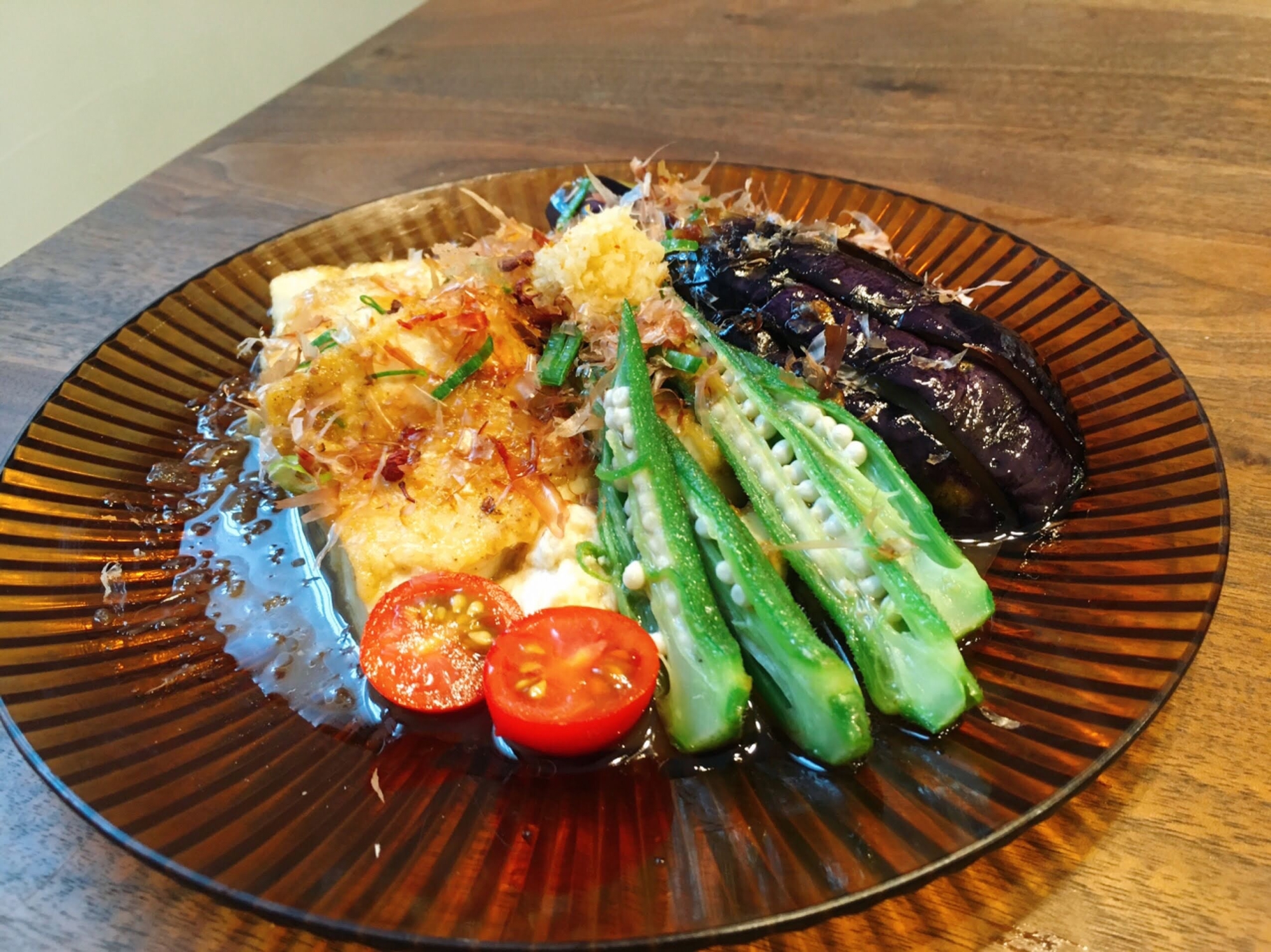 夏野菜と豆腐の揚げずに作る揚げ浸し(^^)