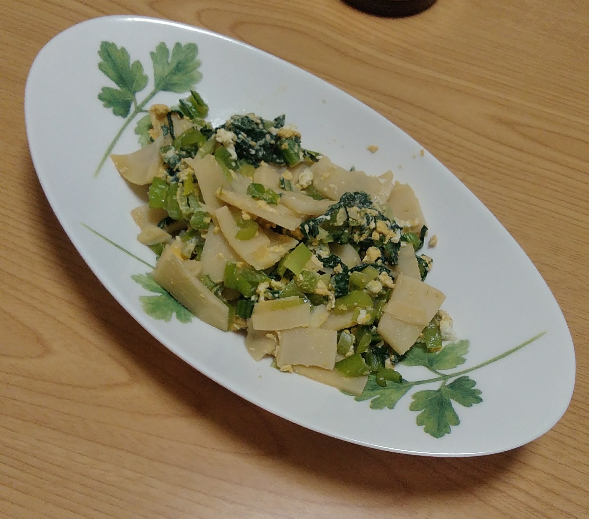 筍と小松菜の卵めんつゆ炒め