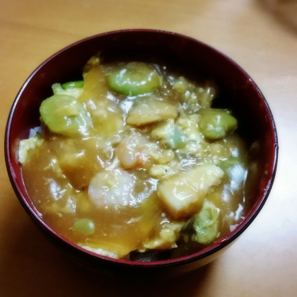 そらまめとシーフードミックスで作ってみました(^^)
ご飯も大盛りでボリューム満天で美味しく頂きました～☆
ごちそうさまでした！