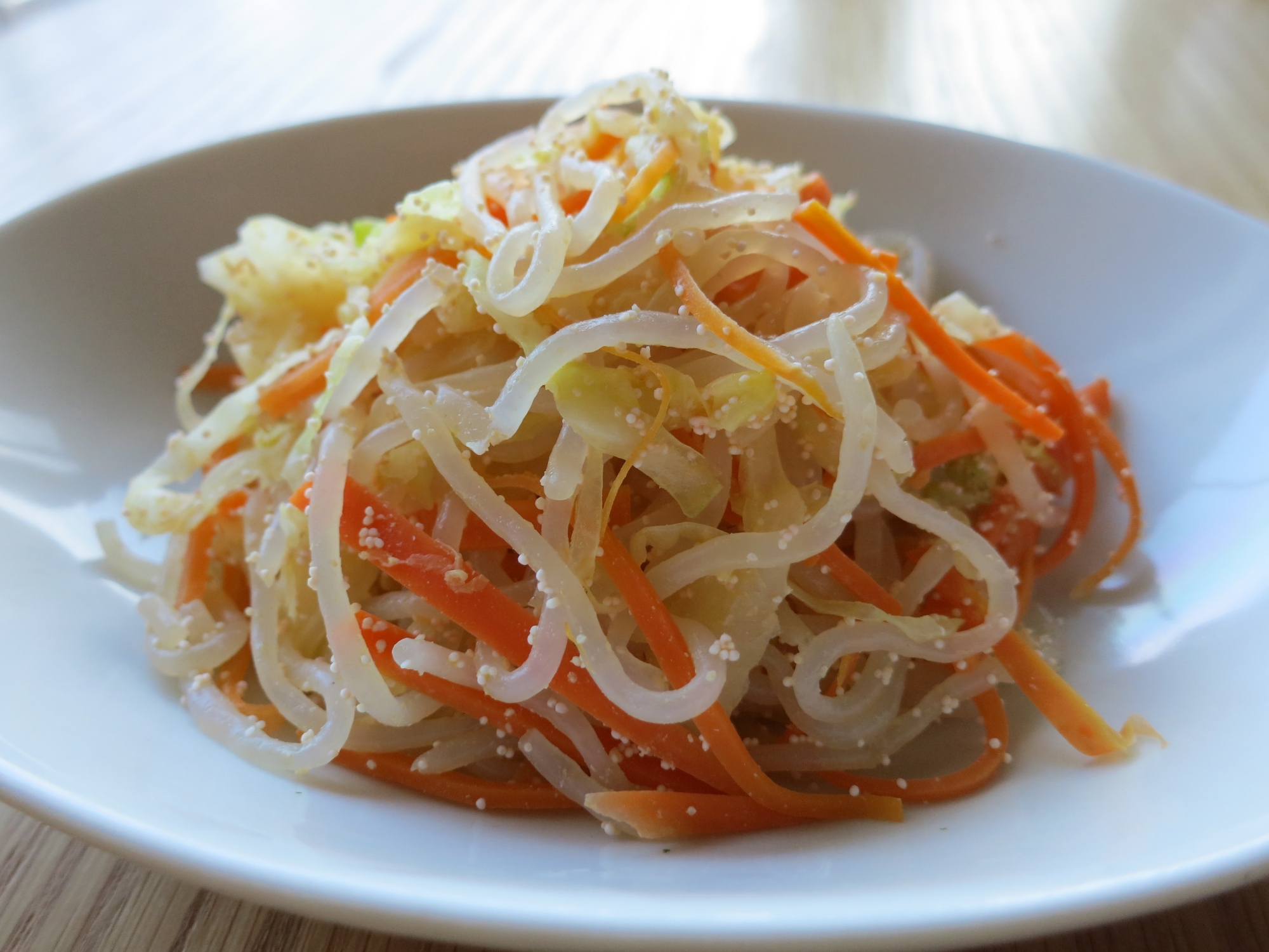 こどもに野菜を♪　千切り野菜とタラコのしらたき炒め