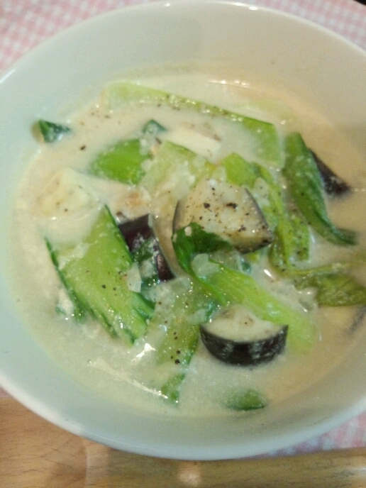 ヘルシー♡ナスと青梗菜の塩麹豆乳スープ