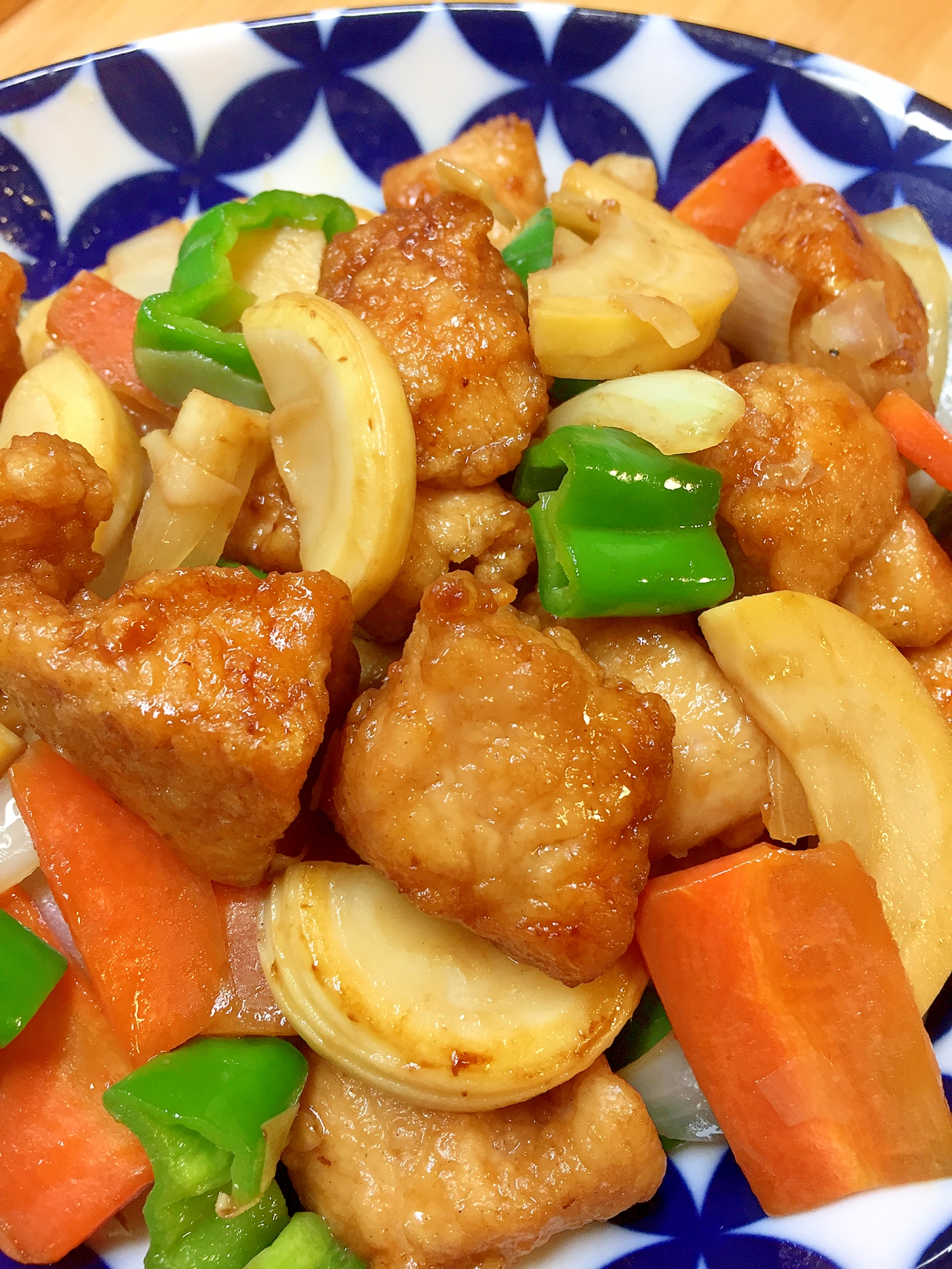 鶏唐揚げとたけのこのオイスターソース炒め