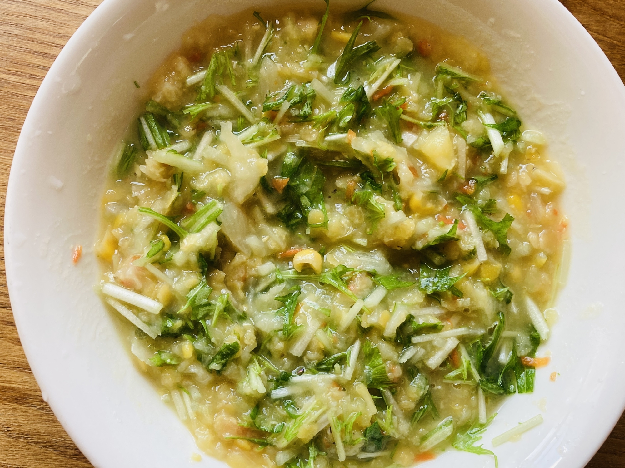 水菜とレンズ豆のコーンスープ