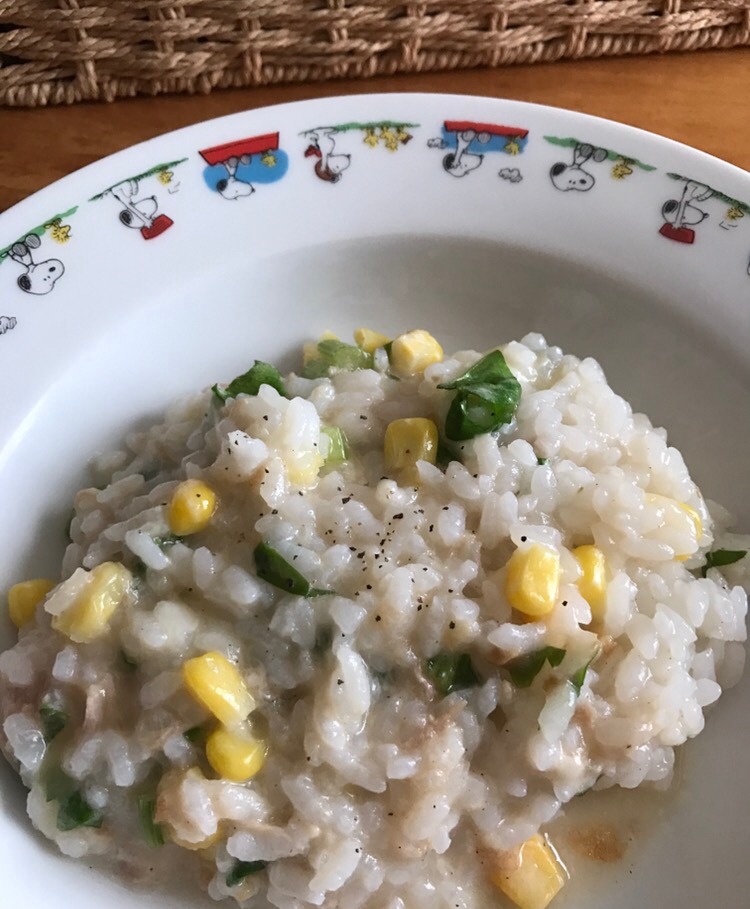 セロリの葉とコーン、ツナのチーズおじや