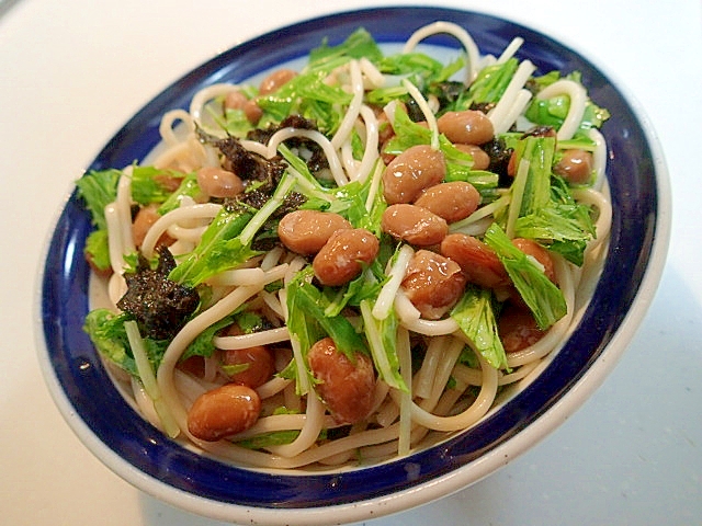 納豆と水菜ともみ海苔の混ぜ素麺♬