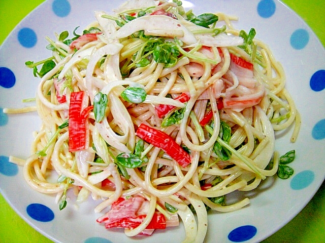 ごまマヨ味 豆苗とカニカマのサラダスパゲティ レシピ 作り方 By Mint74 楽天レシピ