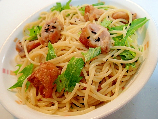 白だしで　唐揚げと水菜のパスタ♬